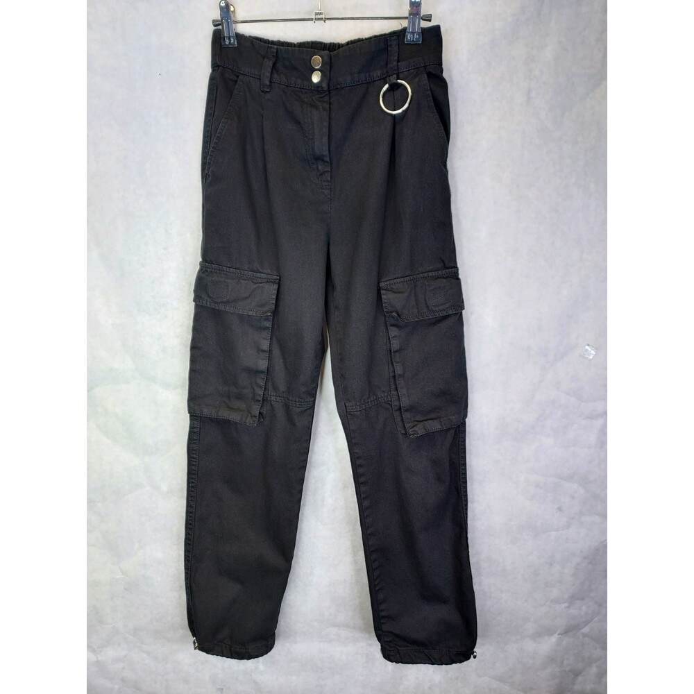 Bershka Cargo Pants Women 2 Black Barrel Leg Pocket Ring Adjustable Ankle Grunge